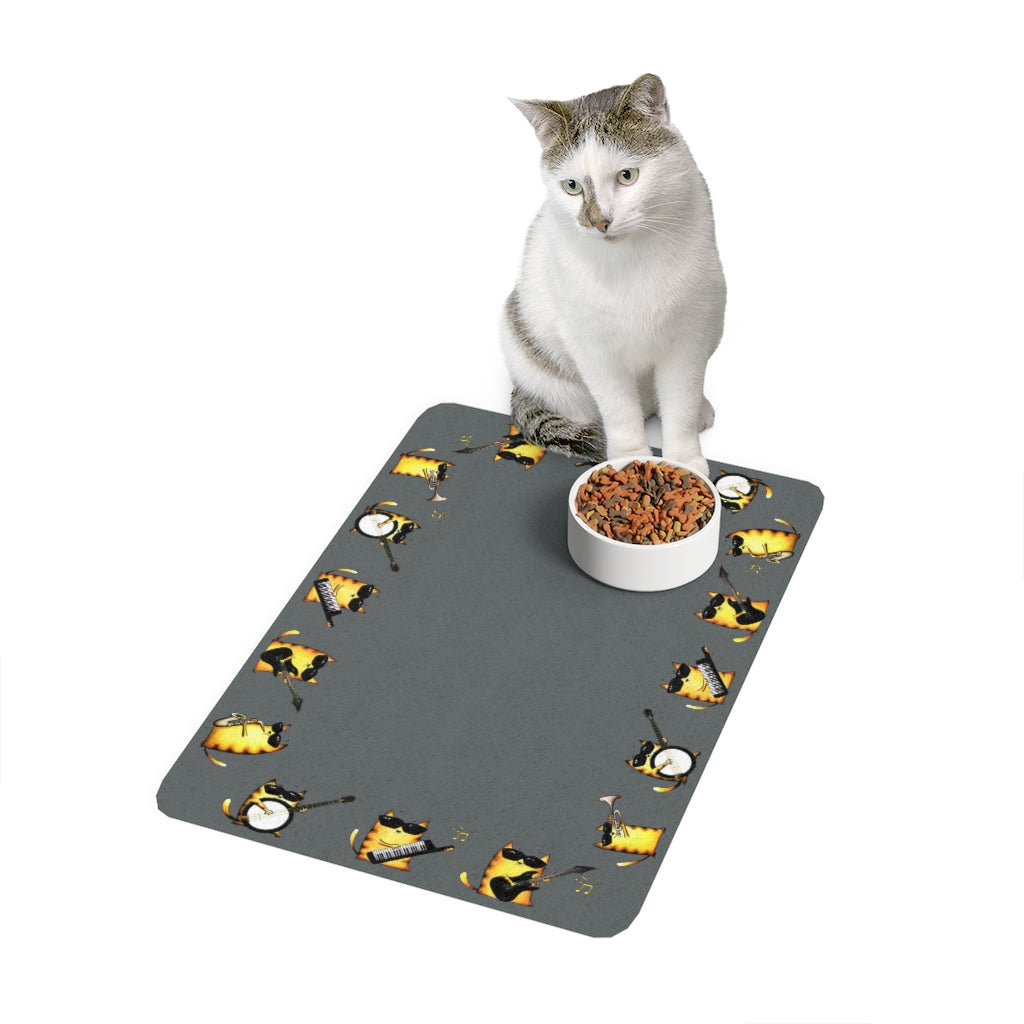 Design pet food mat , non slip back, gray with cat print