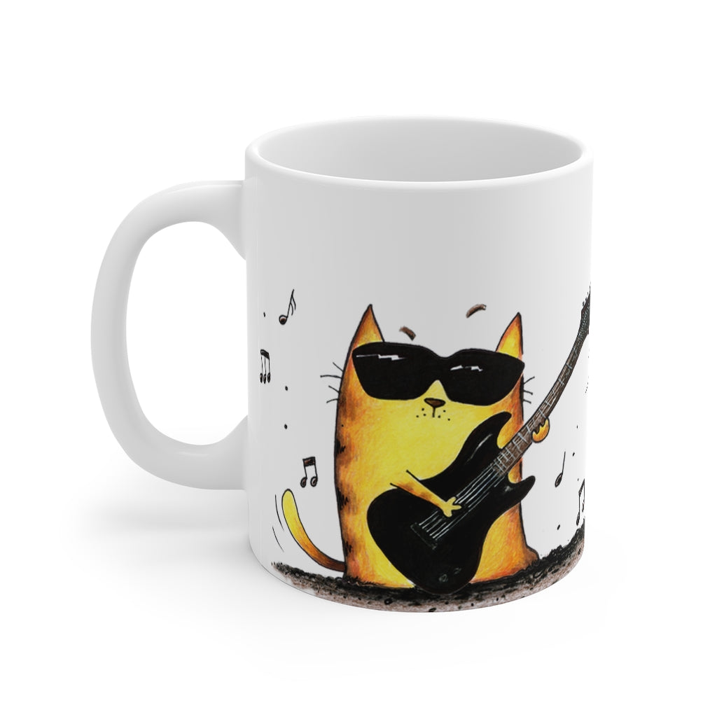 white ceramic mug with cat print