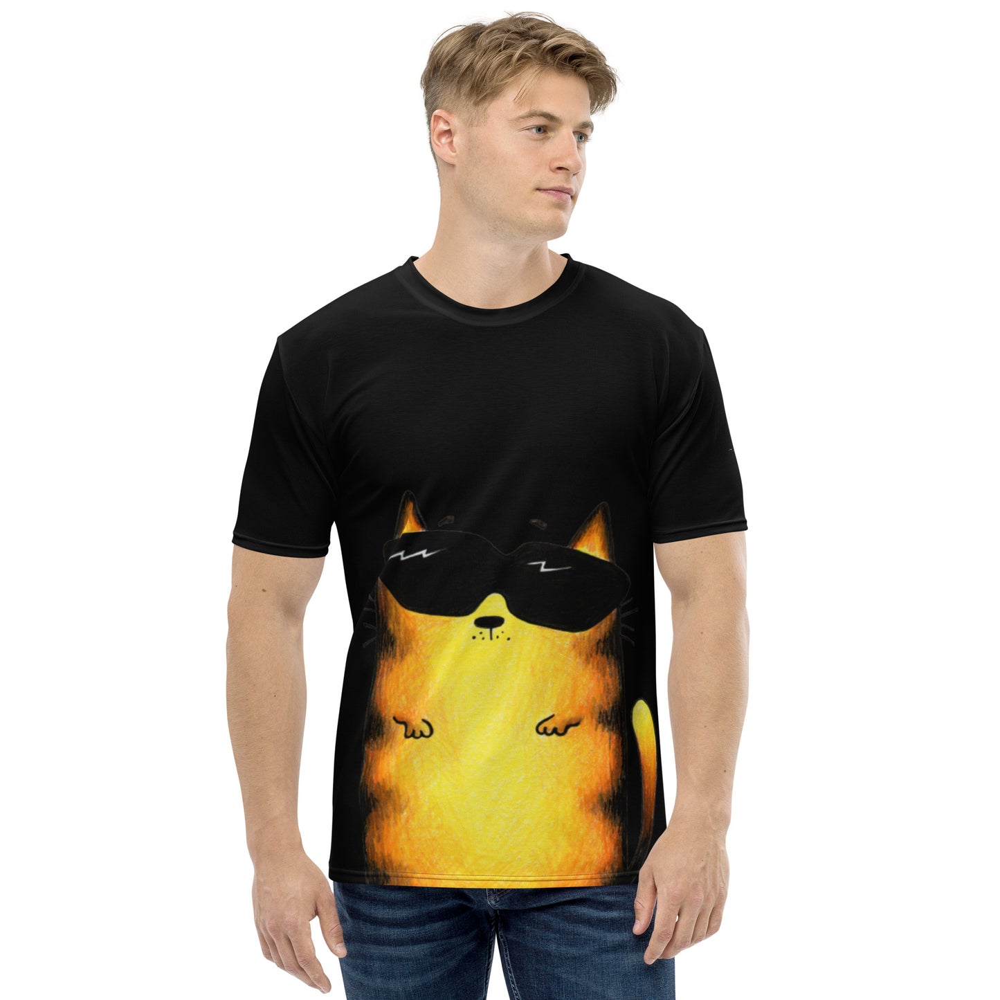Black regular fit men's t-shirt with yellow cat