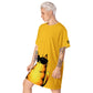 Yellow ladies T-shirt dress with cat print.