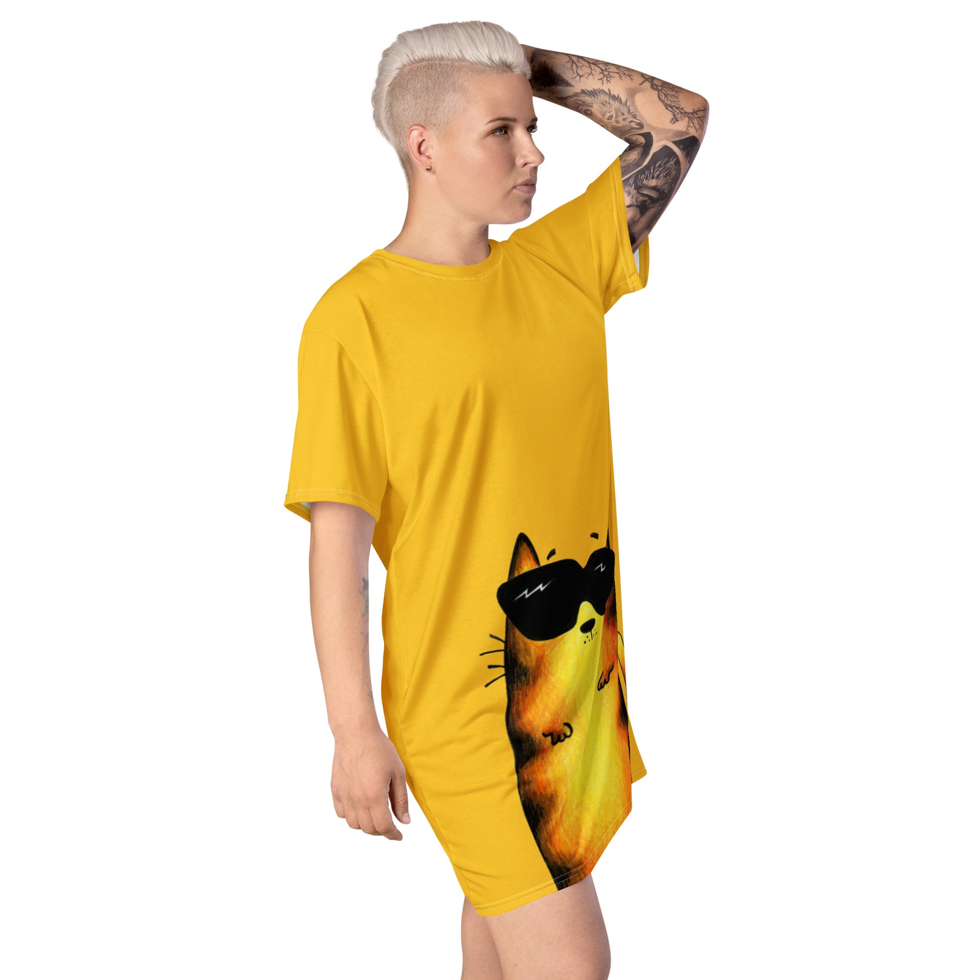 Yellow ladies T-shirt dress with cat print.