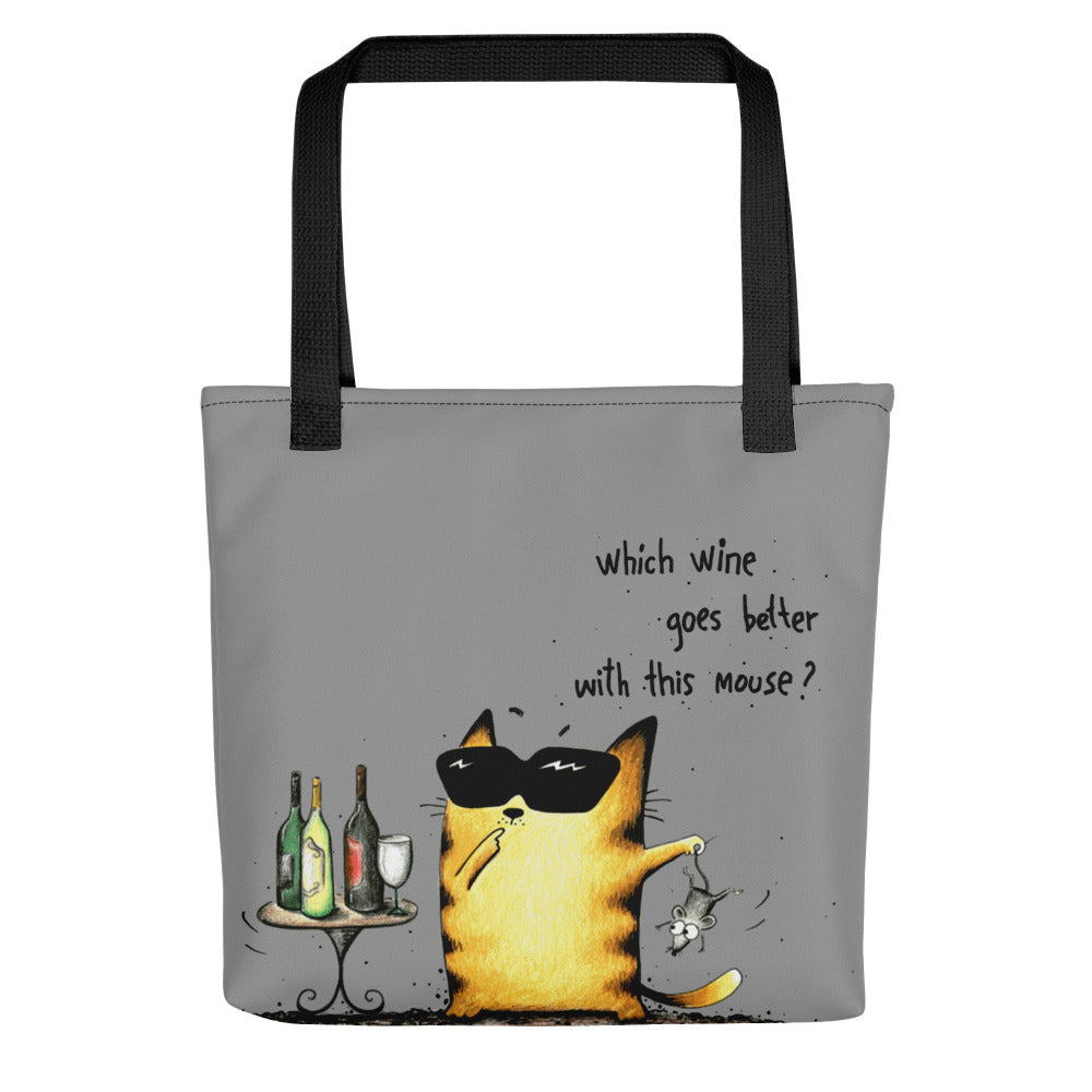gray tote bag with cat print/ design