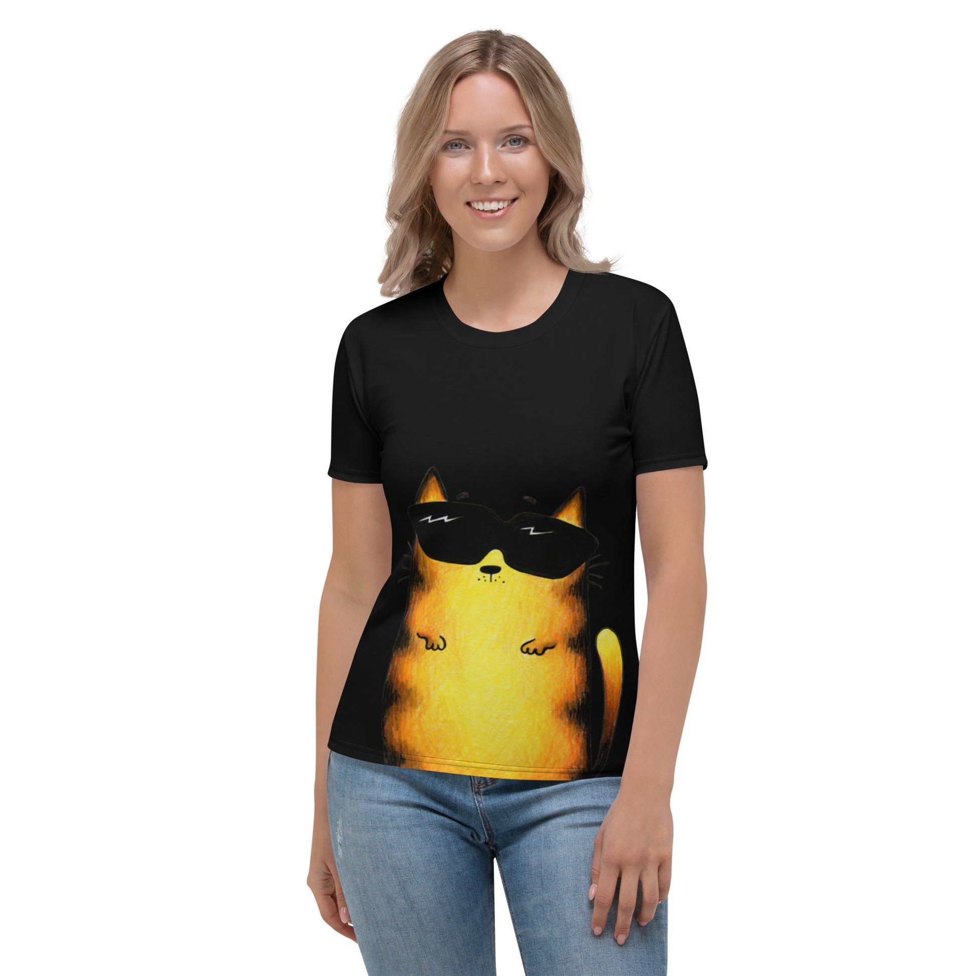 Black ladies t-shirt with yellow cat design/print