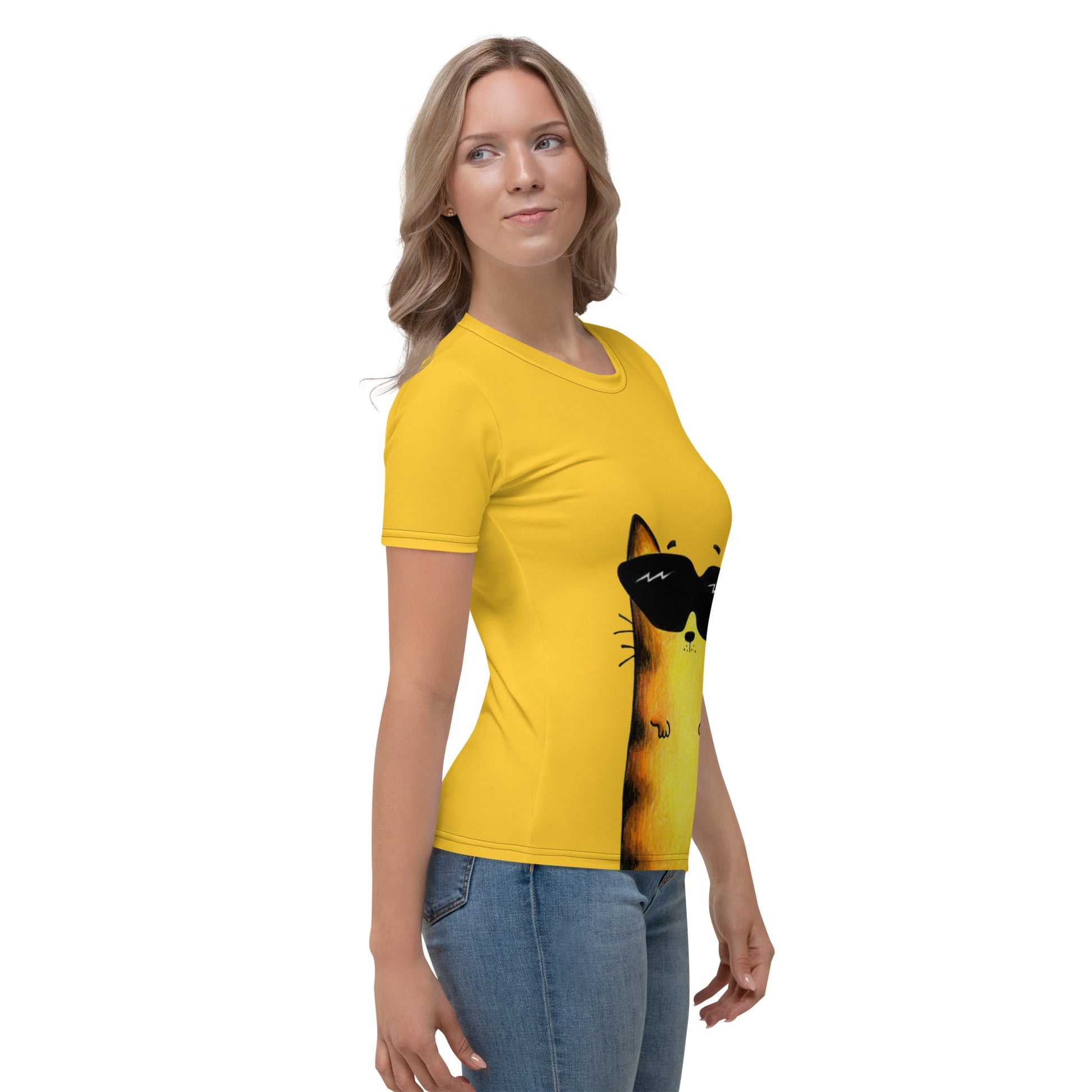 Yellow ladies t-shirt with yellow cat design