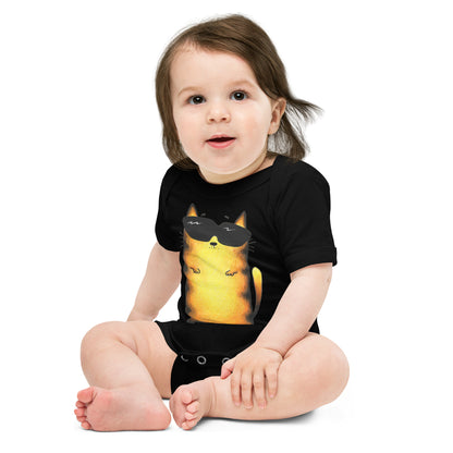 Black one peace baby bodysuit with yellow cat print/design