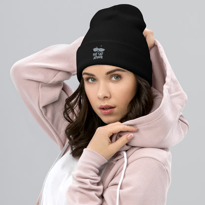 cuffed beanie hat black with embroidery for ladies 