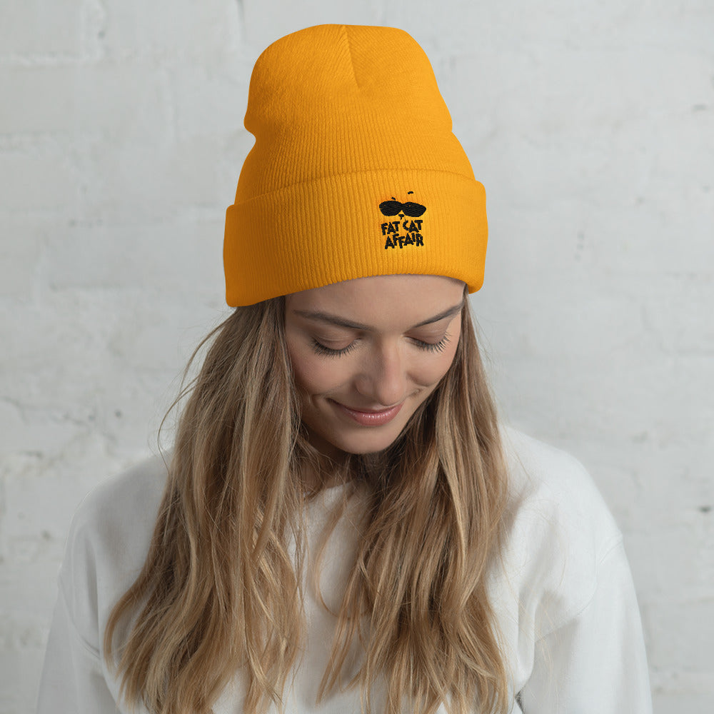 cuffed beanie hat yellow with embroidery for ladies 