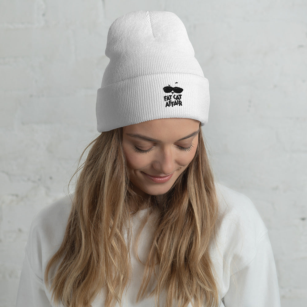 cuffed beanie hat white with embroidery for ladies 