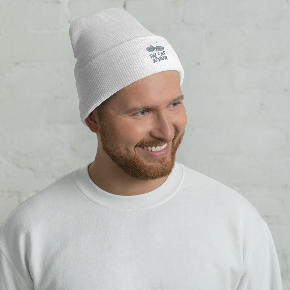 Men's cuffed beanie hat white with embroidery