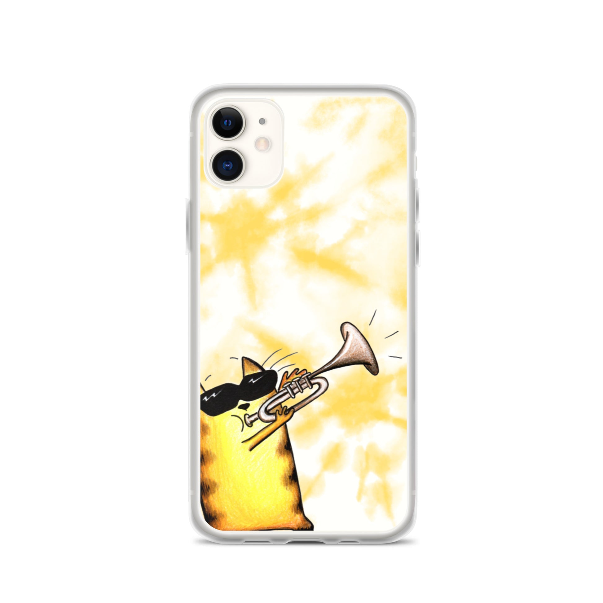 flexible yellow batik Iphone 11 case with cat plying trombone print
