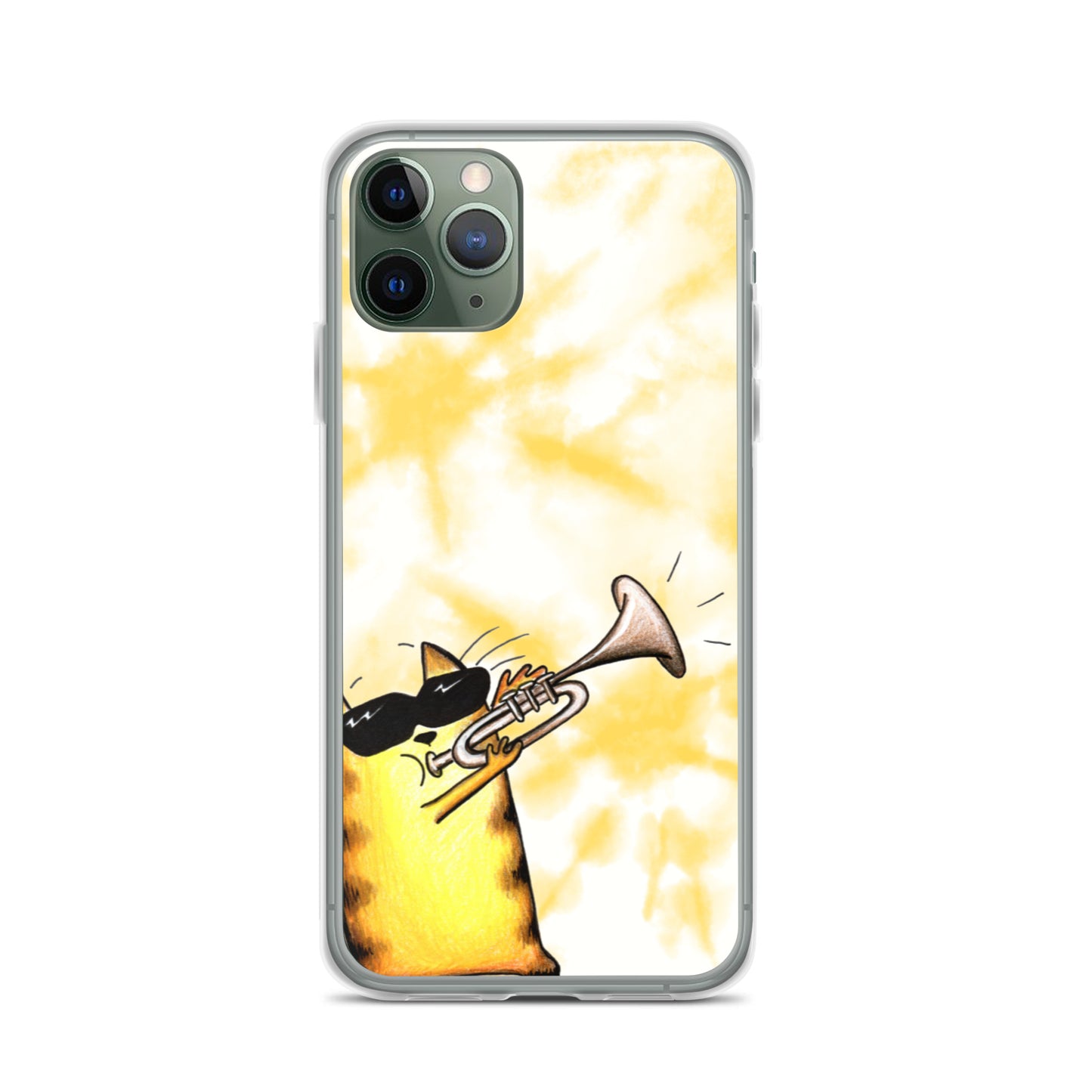 flexible yellow batik Iphone 11 pro case with cat plying trombone print