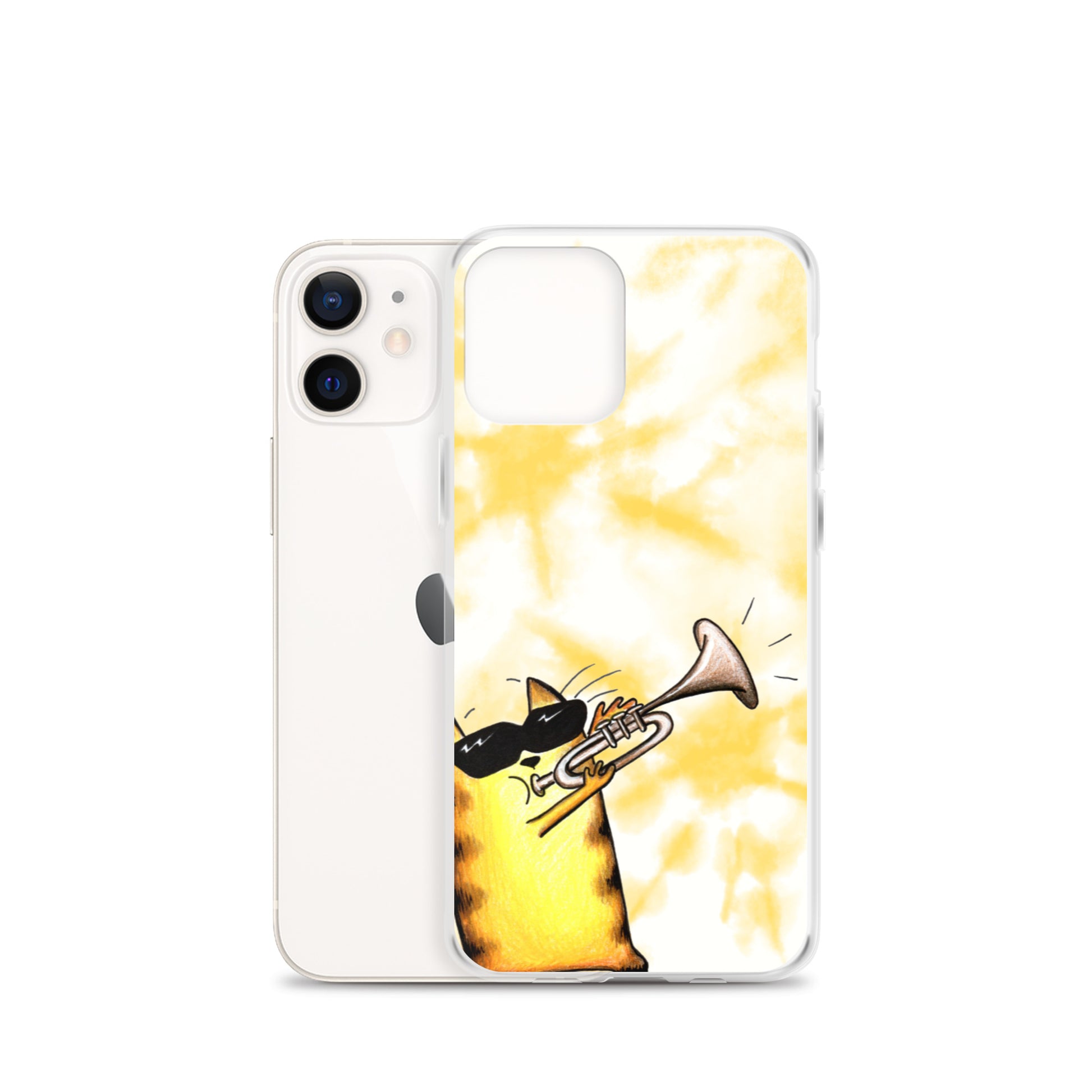 flexible yellow batik Iphone 12 mini case with cat plying trombone print