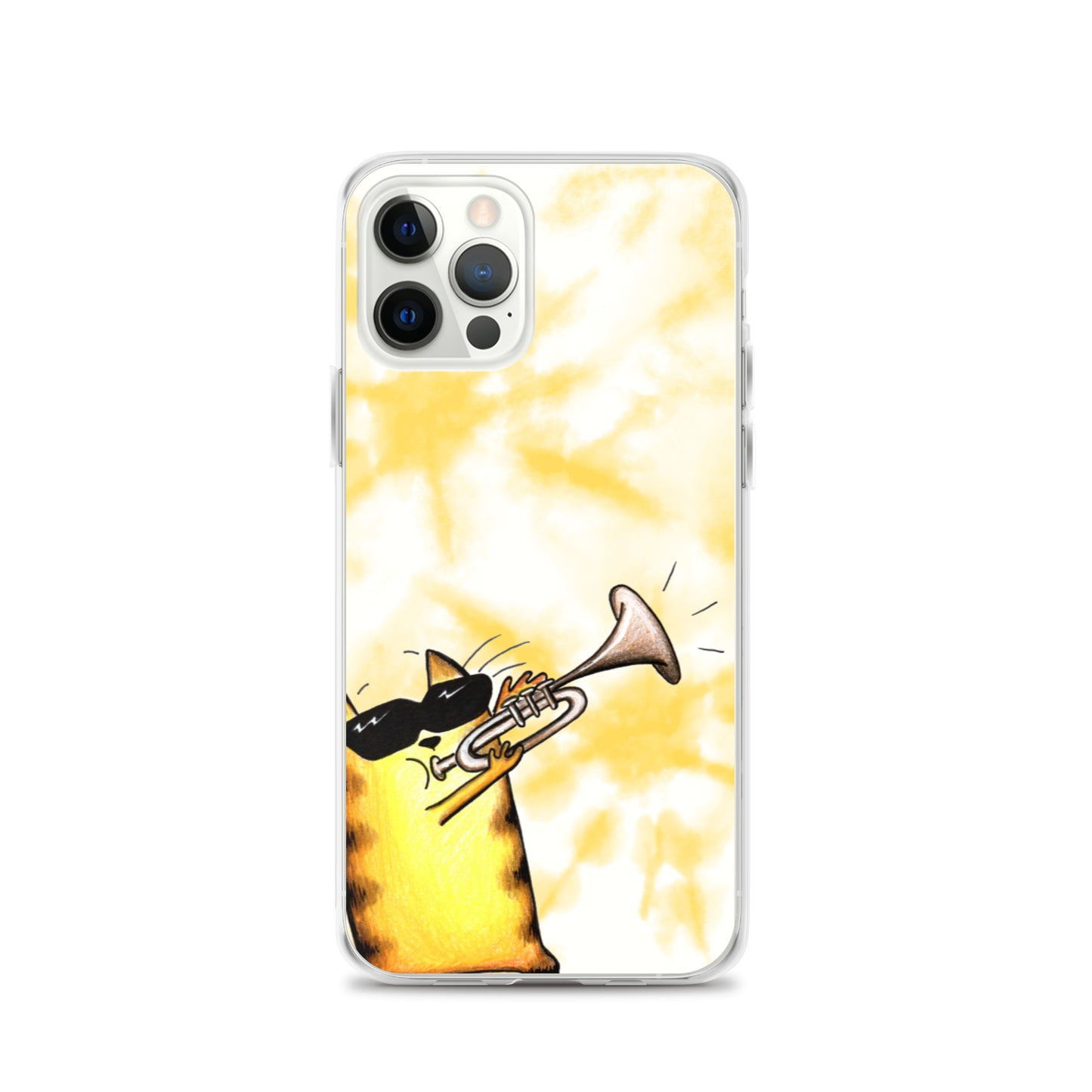 flexible yellow batik Iphone 12 pro case with cat plying trombone print