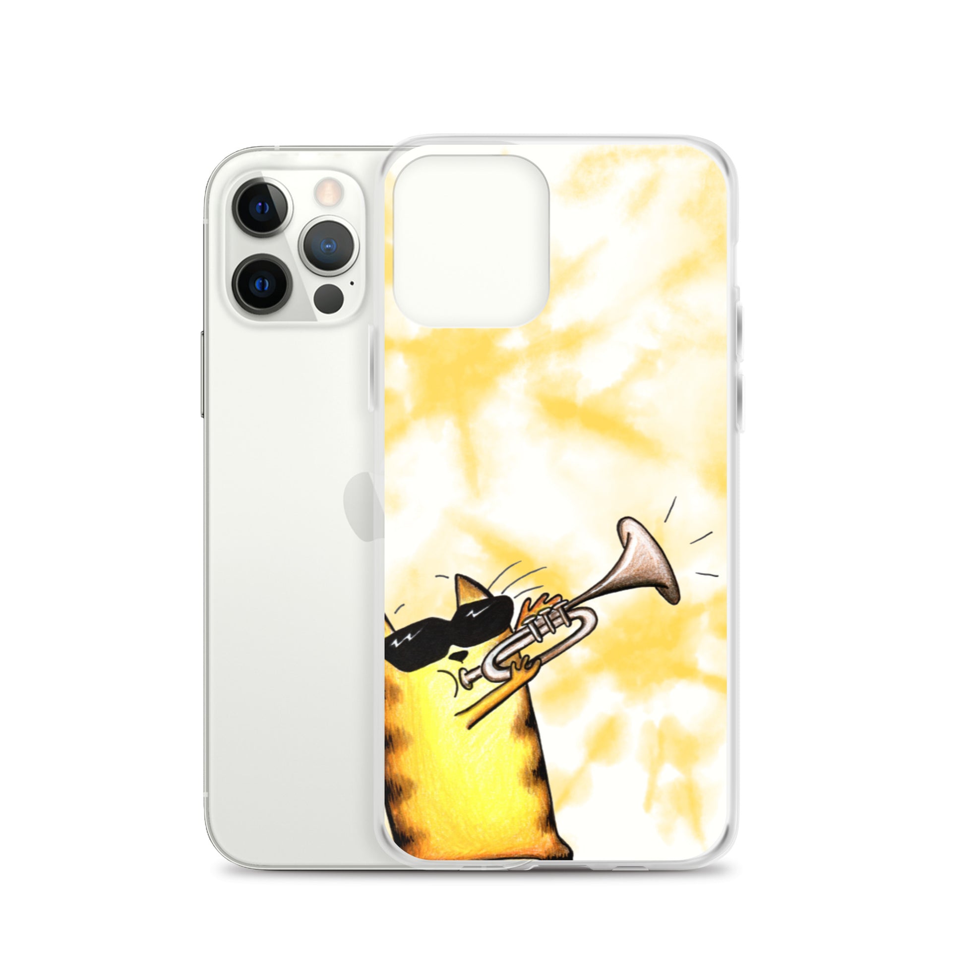 flexible yellow batik Iphone 12 pro case with cat plying trombone print