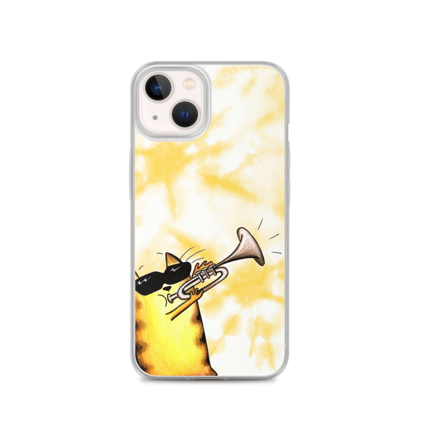 flexible yellow batik Iphone 13 case with cat plying trombone print