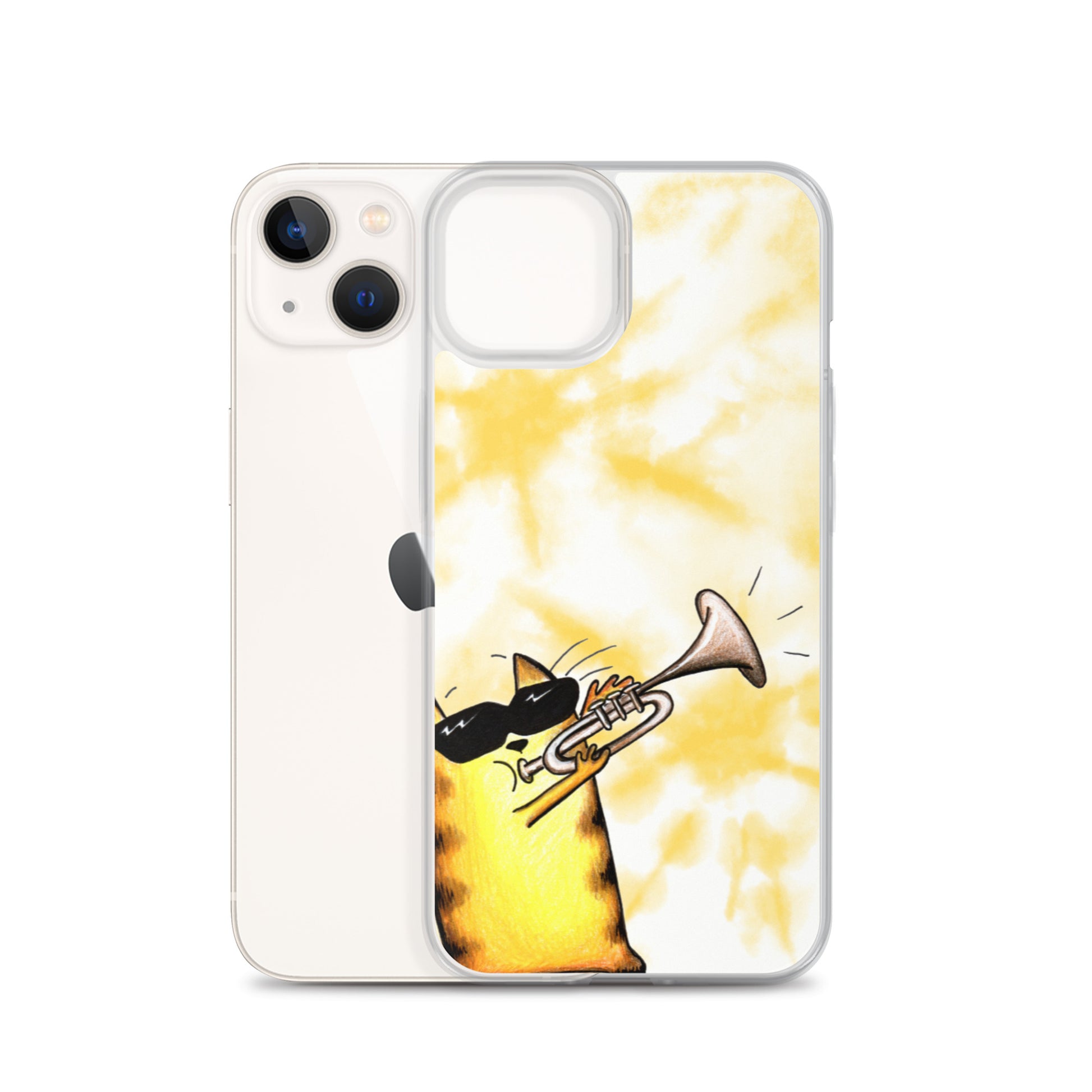 flexible yellow batik Iphone 13 case with cat plying trombone print