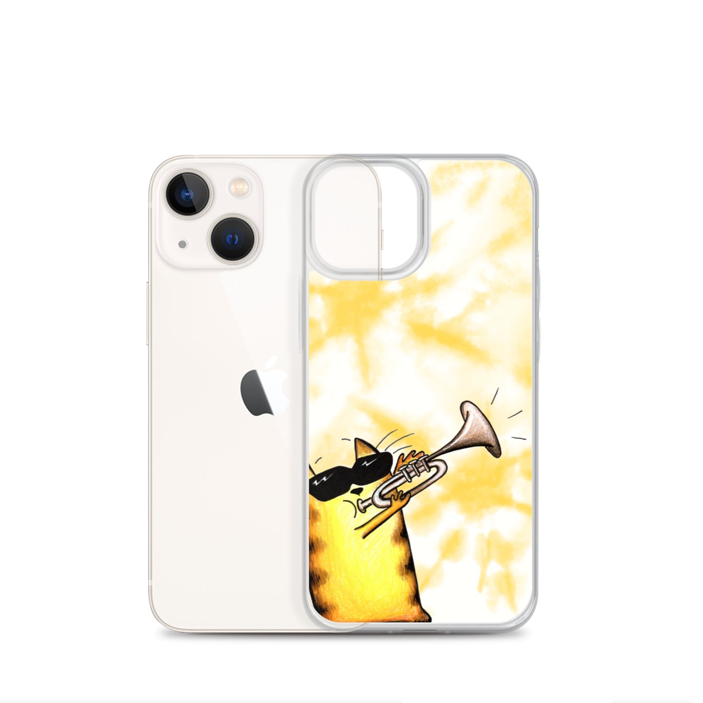 flexible yellow batik Iphone 13 mini case with cat plying trombone print