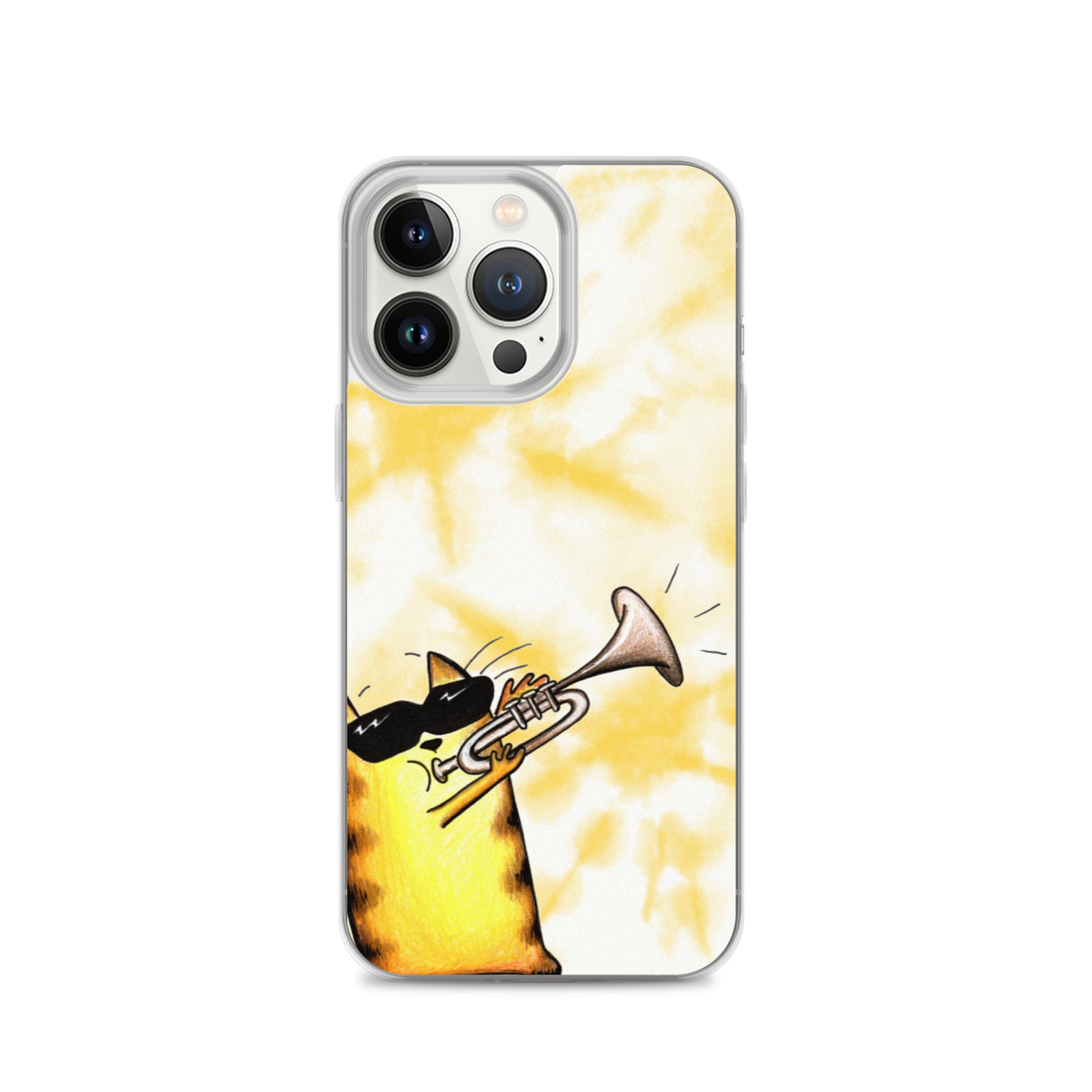 flexible yellow batik Iphone 13 pro case with cat plying trombone print