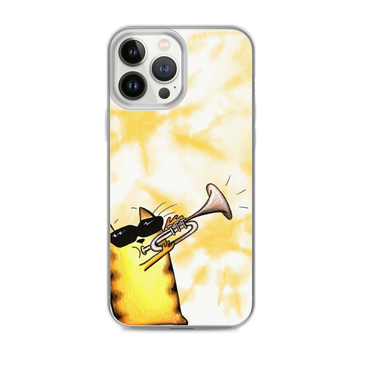 flexible yellow batik Iphone 13 pro max case with cat plying trombone print