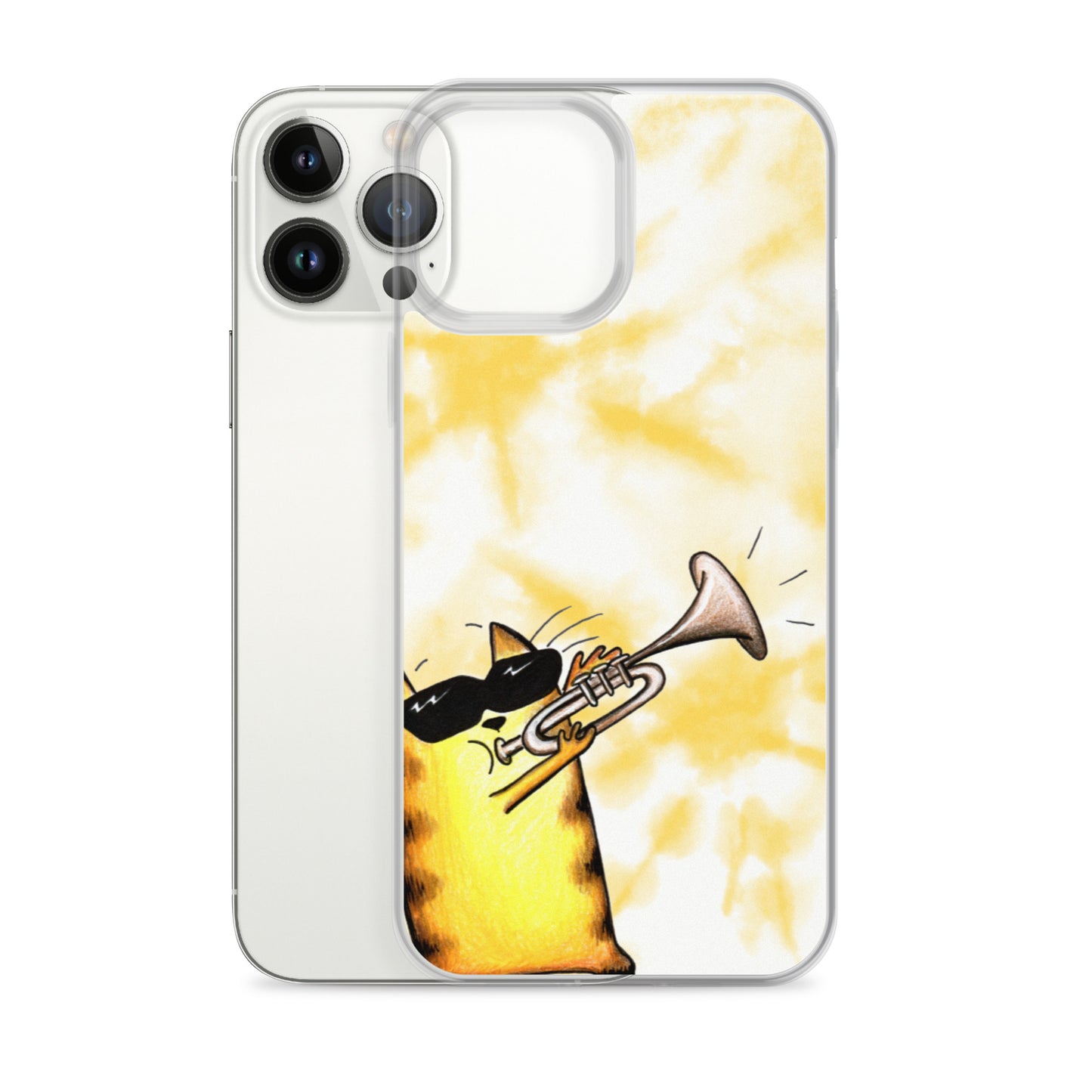 flexible yellow batik Iphone 13 pro max case with cat plying trombone print