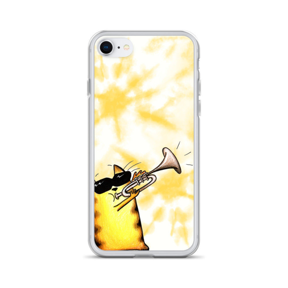 flexible yellow batik Iphone 7 8 case with cat plying trombone print