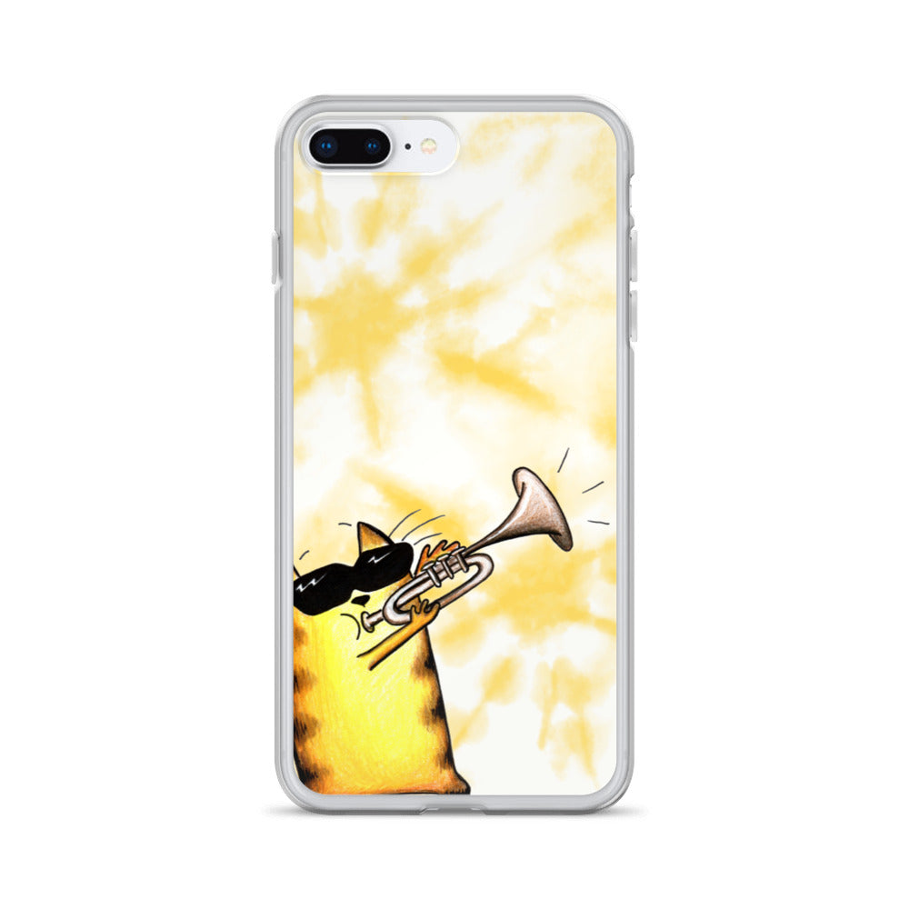 flexible yellow batik Iphone 7 plus 8 plus case with cat plying trombone print
