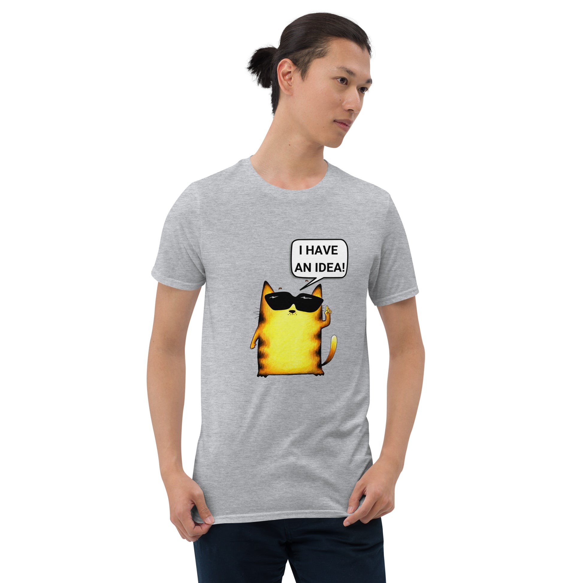 Sports gray  men's t-shirt with yellow cat design