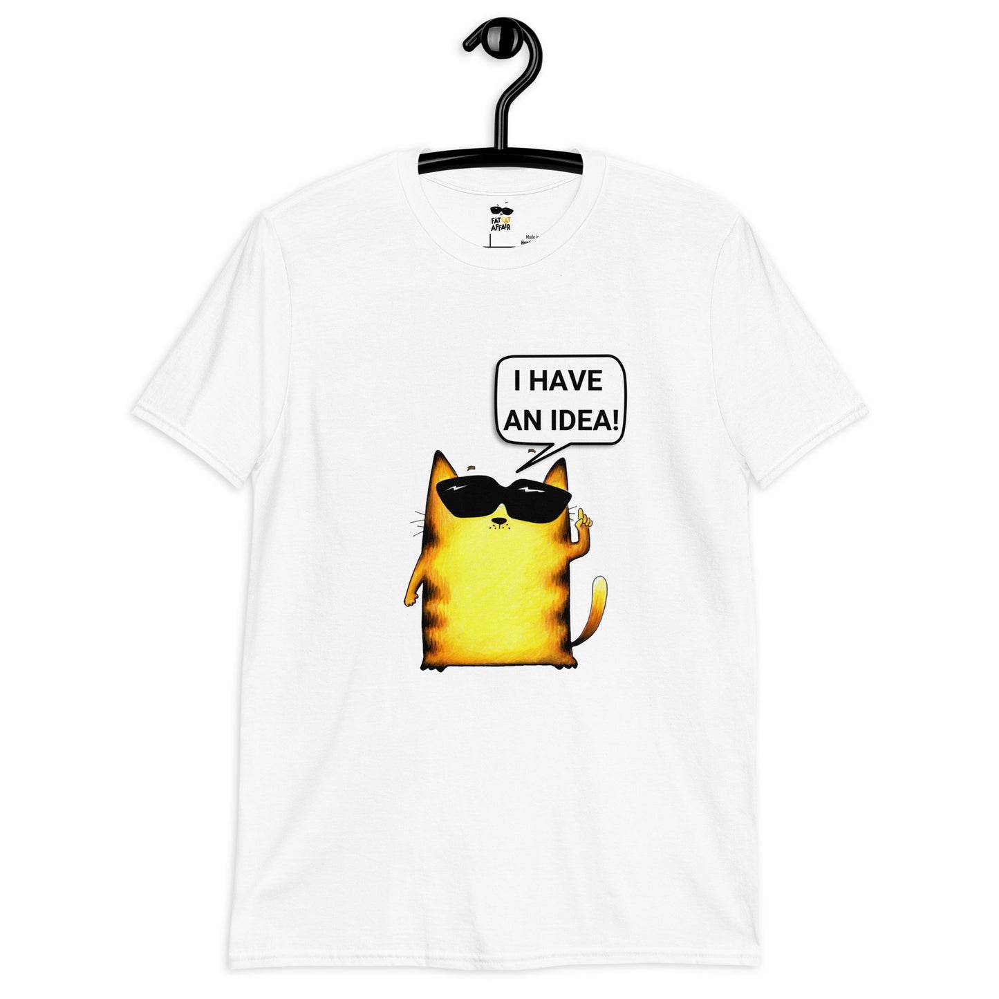 White men's t-shirt with yellow cat design