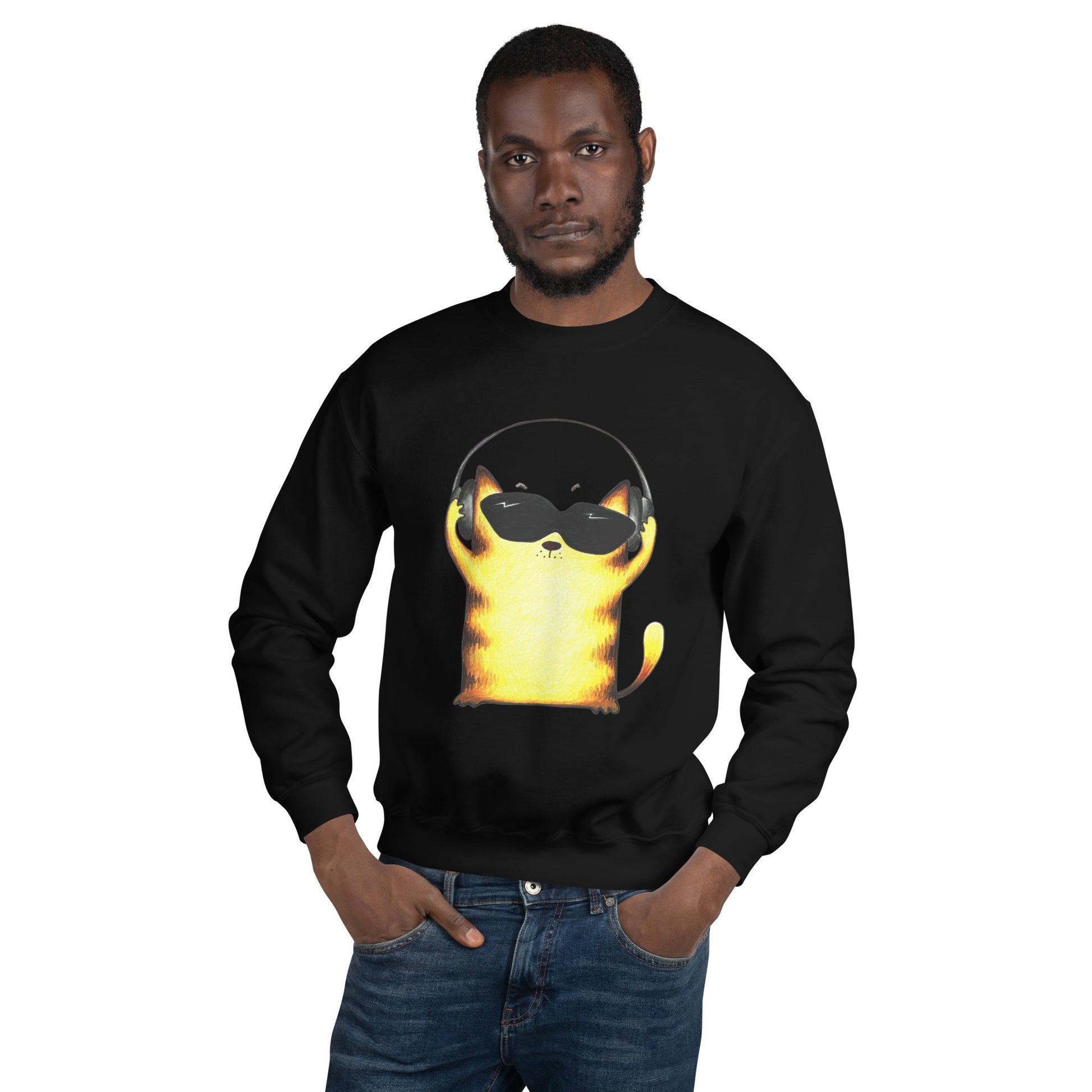 Black men's sweatshirt with yellow cats and headphones