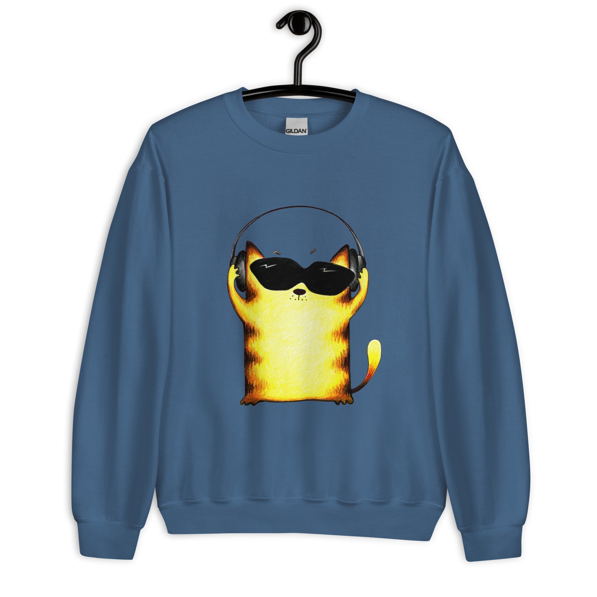 Blue men's sweatshirt with yellow cats and headphones