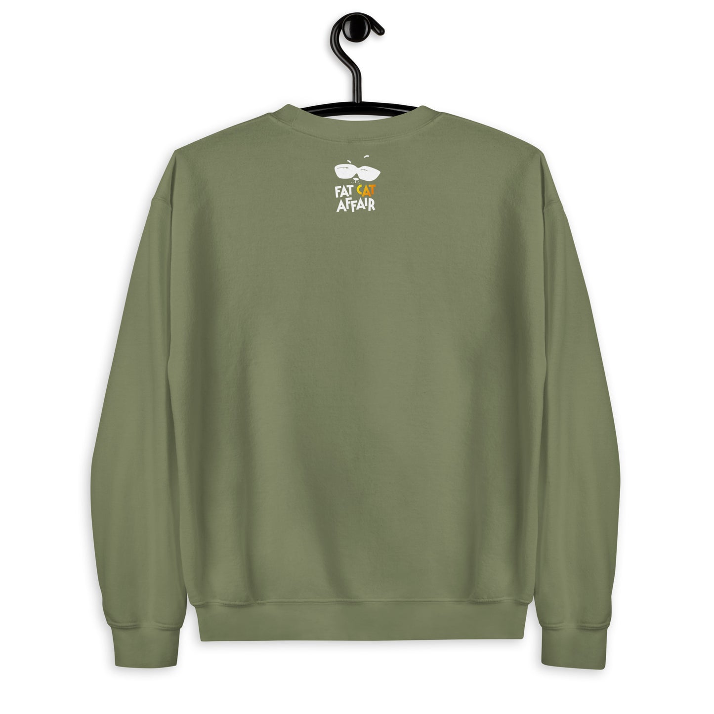 military green men's sweatshirt with yellow cats and headphones