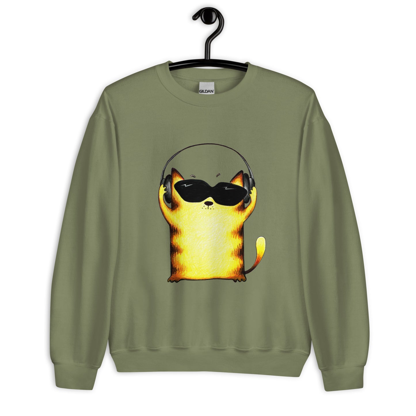 Green men's sweatshirt with yellow cats and headphones