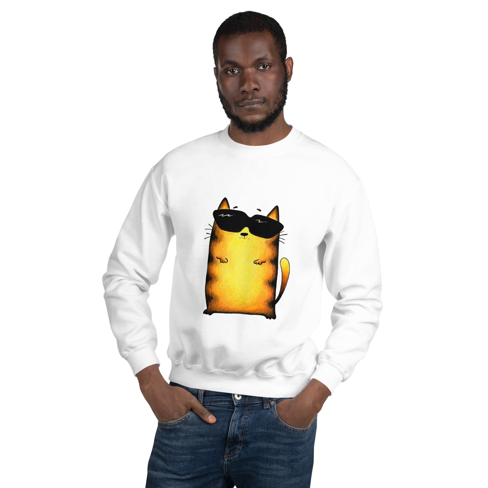 Men's white sweatshirt with yellow cat