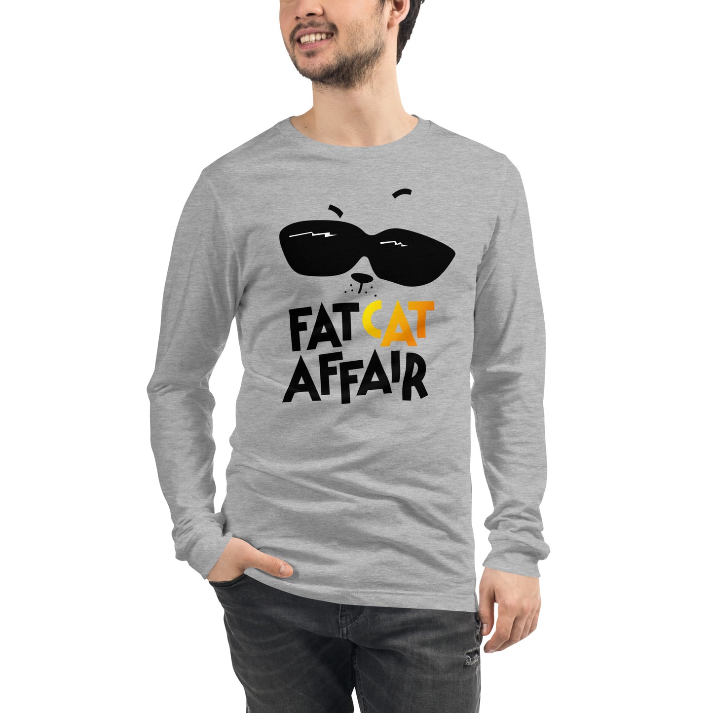 men's gray long sleeve top with cat print