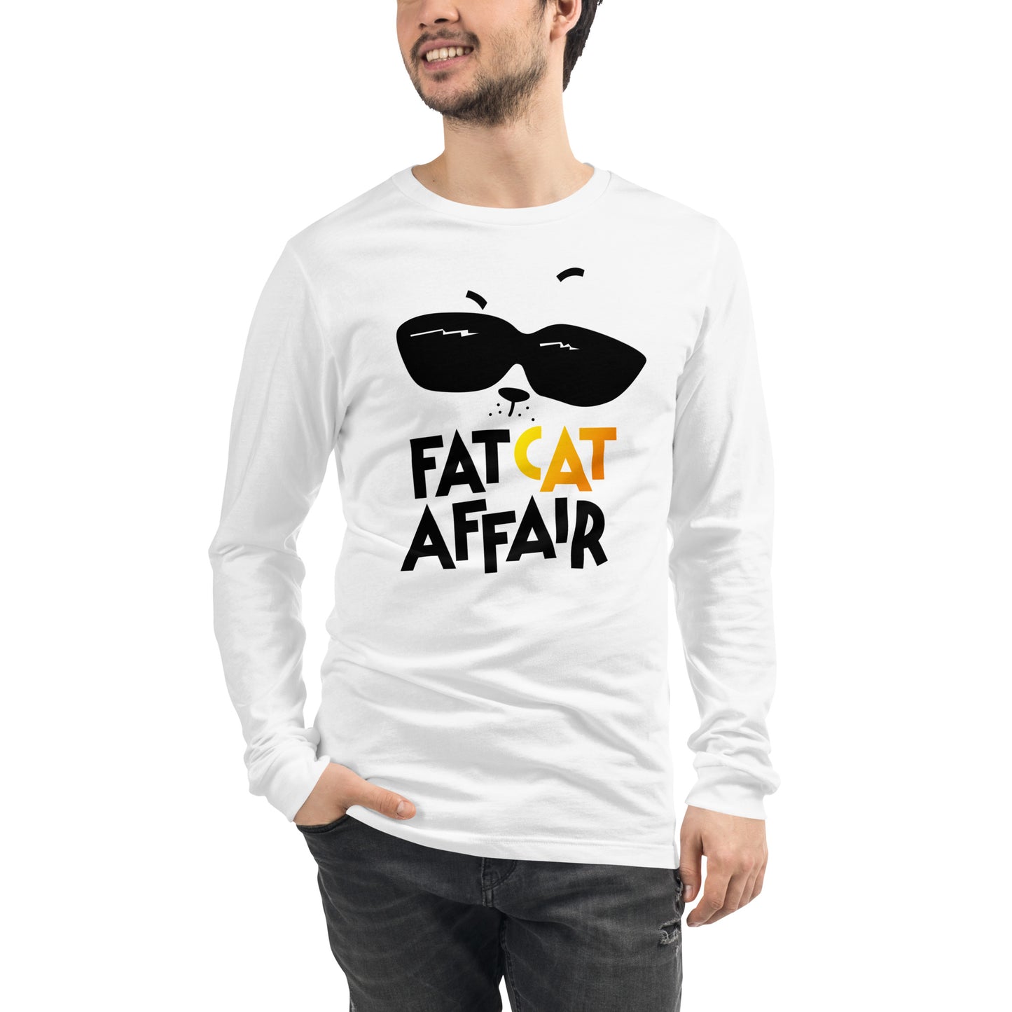 men's white long sleeve top with cat print