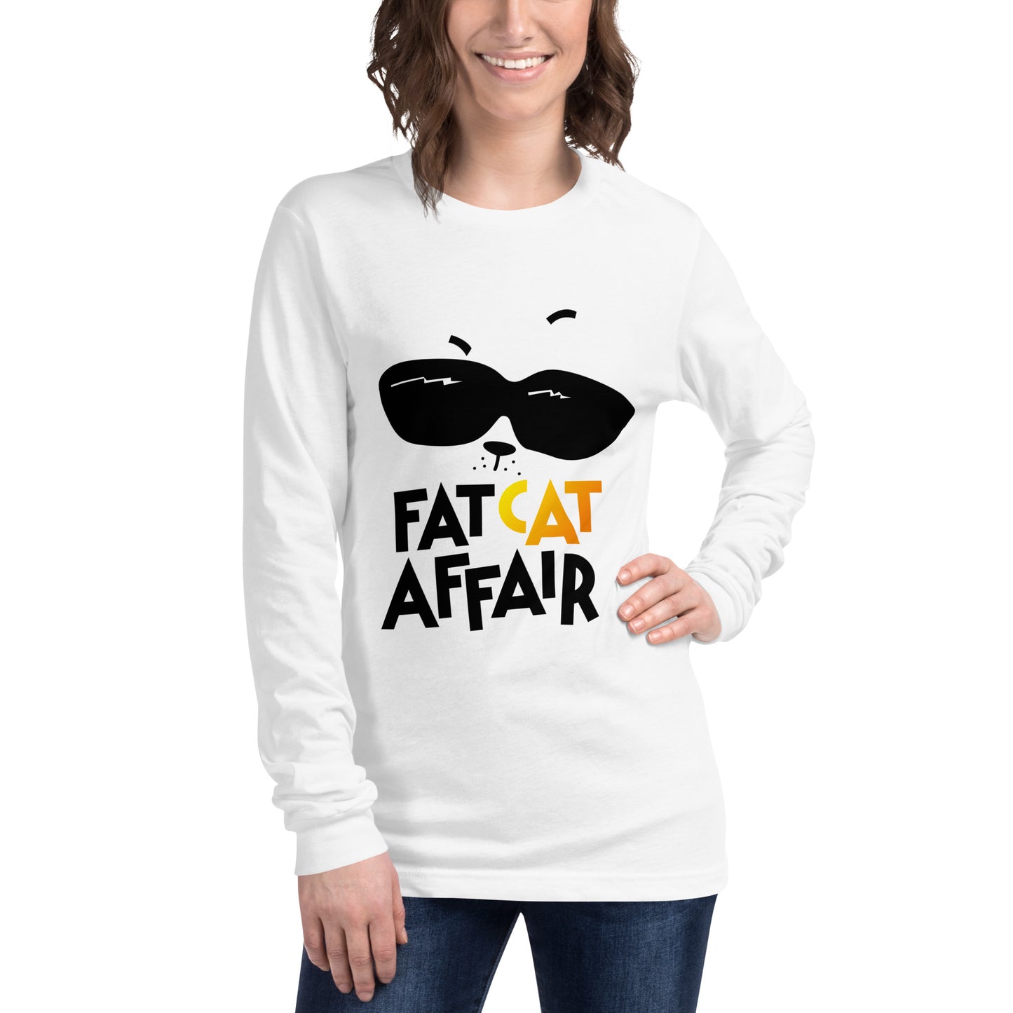 ladies white long sleeve top with cat print